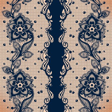 Vektör soyut seamless modeli dantel ile yaprakları ve desen çiçekler. Sonsuz çiçek siyah süs duvar kağıdı, iç çamaşırı ve takı. Dantel çiçek ve süsleme. Sorunsuz dantel izole.