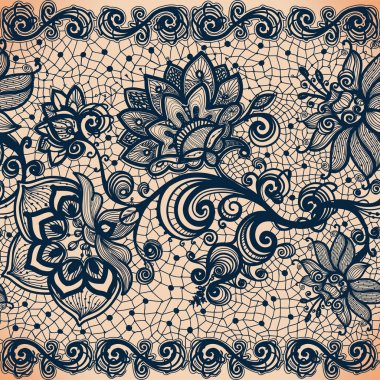 Vektör soyut yatay seamless modeli dantel ile yaprakları ve desen çiçekler. Sonsuz çiçek siyah süs duvar kağıdı, iç çamaşırı ve takı. Dantel çiçek ve süsleme. Sorunsuz dantel izole.