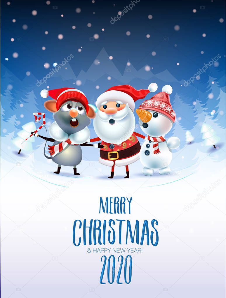 2020 Merry Christmas New Year Poster Santa Claus Snowman And Symbol Of 2020 Year Rat Sing A Christmas Song Around The Christmas Tree In A Snowy Meadow Invitation Card And