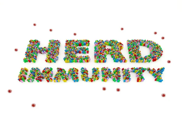 İnsan oyuncağının üç boyutlu rengarenk yığını beyaz arka planda izole edilmiş sürü bağışıklık sistemi ve korona virüsü sembolü içinde duruyor.