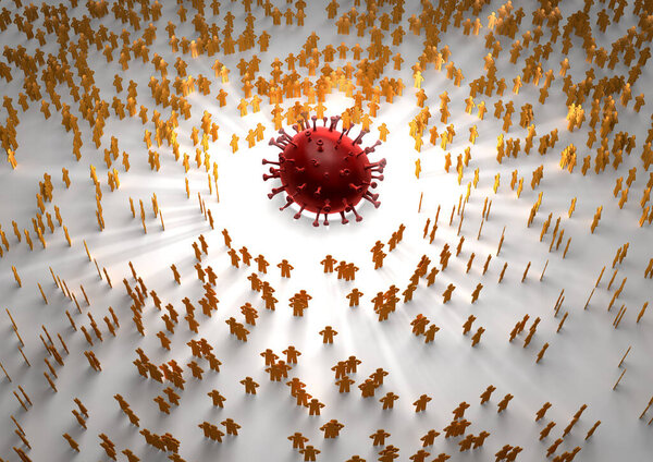 A 3D rendering image of corona virus in center and orange color human symbol dolls stand around with center light glow inside out and diffuse shadow on white floor