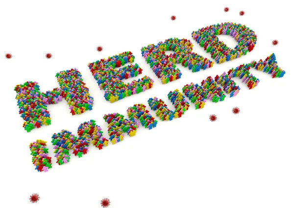 İnsan oyuncağının üç boyutlu rengarenk yığını beyaz arka planda izole edilmiş sürü bağışıklık sistemi ve korona virüsü sembolü içinde duruyor.