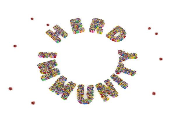 İnsan oyuncak bebeğinin üç boyutlu çizimi çoklu renk yığını beyaz arka planda izole edilmiş sürü bağışıklık sırası ve korona virüsü sembolü şeklinde duruyor.