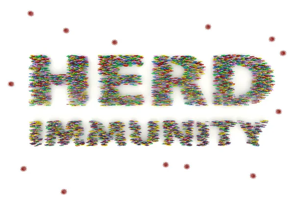 Üst görünüm insan oyuncak bebek çoklu renk yığını, beyaz arkaplanda izole edilmiş sürü bağışıklık ve korona virüsü sembolü içinde duruyor.