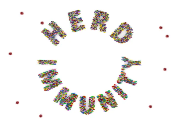 İnsan oyuncak bebeğinin üç boyutlu çizimi çoklu renk yığını beyaz arka planda izole edilmiş sürü bağışıklık sırası ve korona virüsü sembolü şeklinde duruyor.