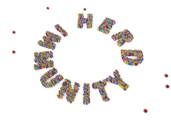 İnsan oyuncak bebeğinin üç boyutlu çizimi çoklu renk yığını beyaz arka planda izole edilmiş sürü bağışıklık sırası ve korona virüsü sembolü şeklinde duruyor.