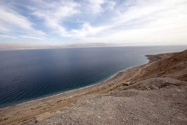 A view of the Dead Sea, the salty lake and jordan in the background