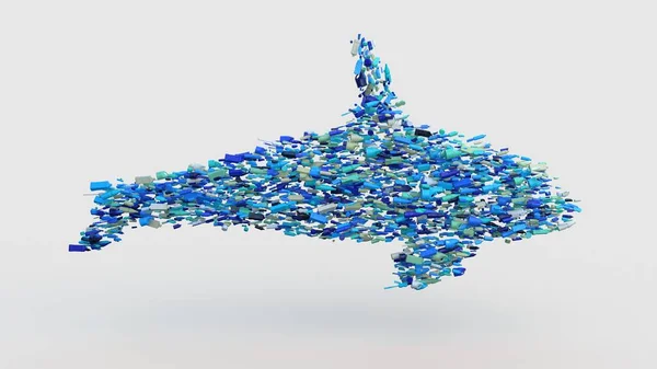 Whale shape made of blue plastic items on white background