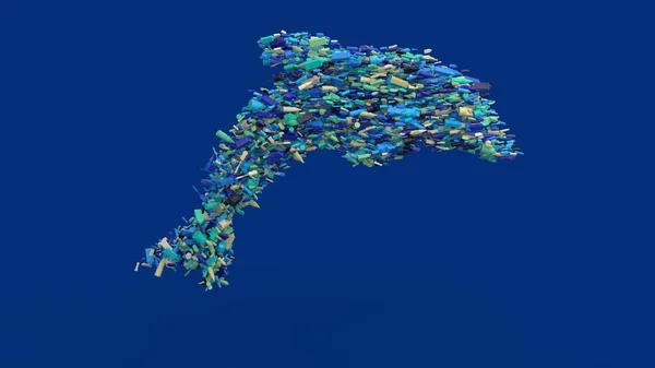 Dolphin shape made of blue plastic items on blue background