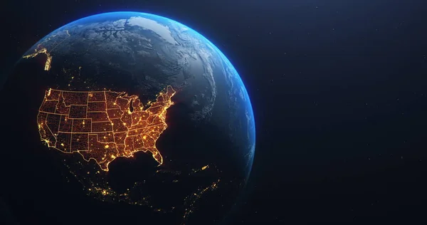 Planet Earth from Space USA, United States orange glow highlighted state borders and counties animation, city lights, 3d illustration