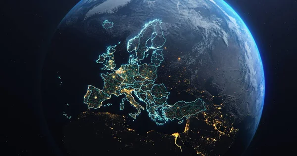 Planet Earth from Space EU European Countries teal glow highlighted, state borders and counties animation, city lights, 3d illustration