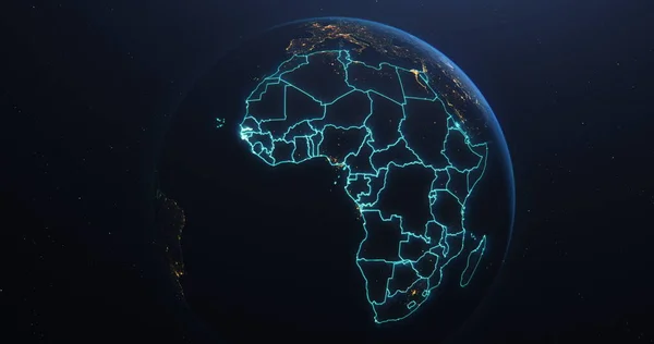 Africa countries teal outline map from space, globe planet earth from space, 3d illustration
