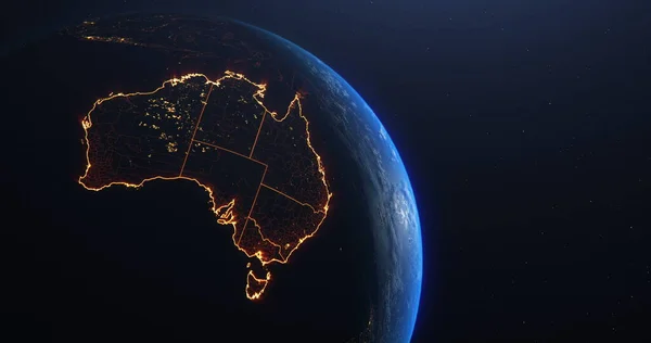 Australia map outline view from space, globe planet earth, red glow color, 3d illustration