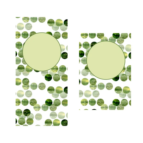 Two design templates for greeting cards. Narrow and classical size shape with copyspace text. Hand drawn watercolor pattern abstract round polka dot green olive yellow confetti simple circles — 스톡 사진