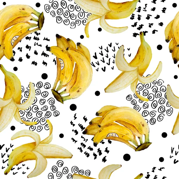 Fondo de patrón de acuarela dibujado a mano sin costuras con colores vibrantes plátanos amarillos maduros, frutas tropicales exóticas. Colores intensos comida saludable cocina, textil y papel pintado negro lunares espiral —  Fotos de Stock