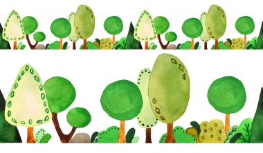 Seamless watercolor hand drawn horizontal border with spring summer forest. Green summer trees, grass, stones in outdoor woodland journey adventure for nature lovers natural landscape in cartoon style