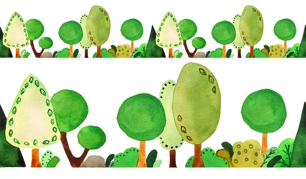 Seamless watercolor hand drawn horizontal border with spring summer forest. Green summer trees, grass, stones in outdoor woodland journey adventure for nature lovers natural landscape in cartoon style — 스톡 사진