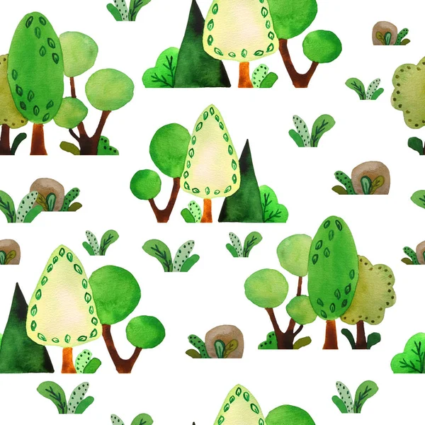 Seamless watercolor hand drawn pattern with spring summer forest. Green summer trees, grass, stones in outdoor woodland journey adventure for nature lovers natural landscape in cartoon style for — Stok fotoğraf