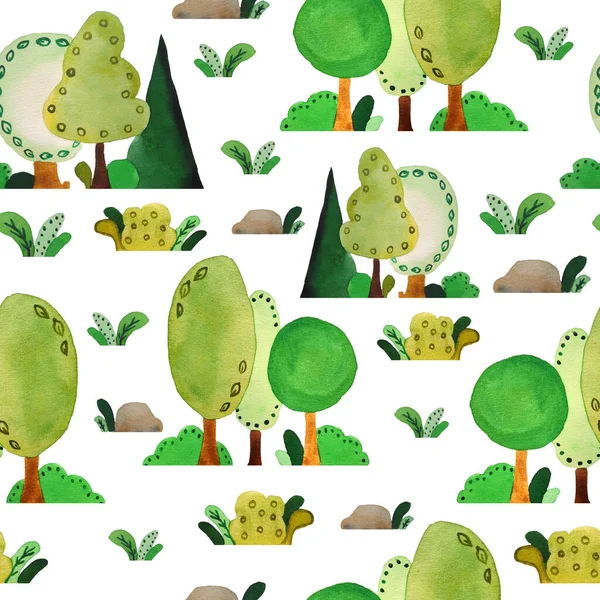 Seamless watercolor hand drawn pattern with spring summer forest. Green summer trees, grass, stones in outdoor woodland journey adventure for nature lovers natural landscape in cartoon style for — Stockfoto
