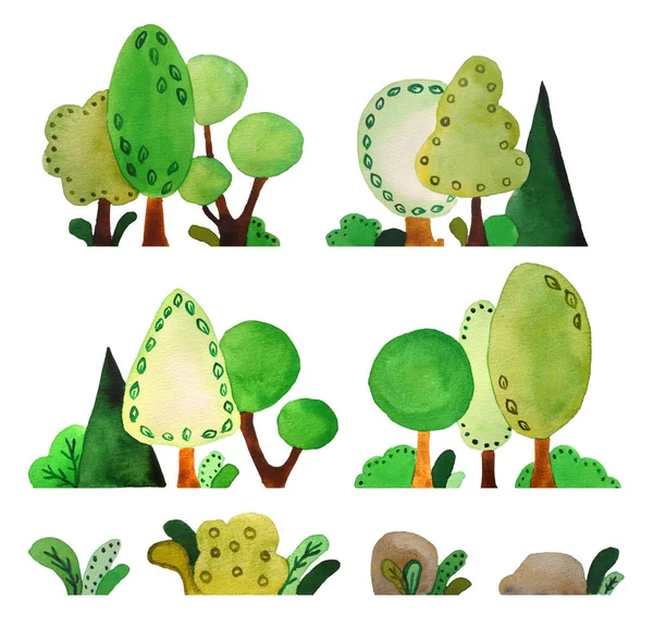 Υδατογραφία ζωγραφισμένα στο χέρι στοιχεία με ελατήριο δάσος καλοκαίρι. Πράσινο καλοκαίρι δέντρα, γρασίδι, πέτρες σε υπαίθρια δάσος περιπέτεια ταξίδι για τους λάτρεις της φύσης φυσικό τοπίο σε στυλ κινουμένων σχεδίων για κλωστοϋφαντουργικά προϊόντα — Φωτογραφία Αρχείου