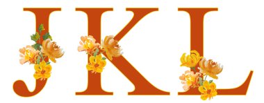 Font letter J K L typography alphabet. Watercolor hand drawn illustration warm orange florals flowers leaves of loose form nature plants elegant botanical design. Wedding cards invitation logo. Retro