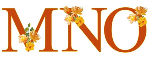 Lettertype letter M N O typografie alfabet. Aquarel met de hand getekend illustratie warm oranje bloemen bladeren van losse vorm natuur planten elegant botanisch ontwerp. Wedding cards uitnodiging logo. Terugwerkende kracht — Stockfoto