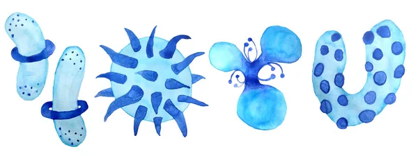 Mão desenhada aquarela vírus azuis e bactérias conjunto isolado. Doença celular microscópica, vírus, bactérias e ilustração de microrganismos. Conceito de microbiologia. Elementos planos para cartaz médico — Fotografia de Stock