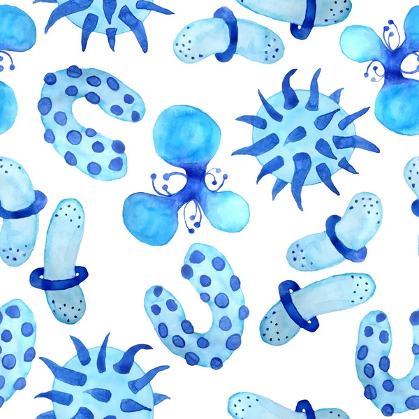 手描き水彩青ウイルスや細菌のシームレスなパターン。顕微鏡下の細胞疾患、ウイルス、細菌や微生物のイラスト。微生物学の概念。医用ポスターの平面要素 — ストック写真