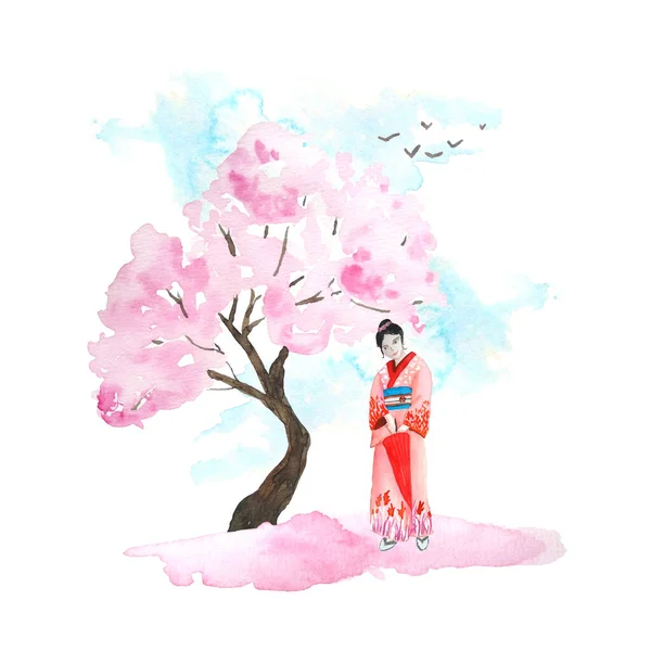 Aquarell handgezeichnete Designillustration von rosa Kirschsakura-Baum in Blüte Blütenblumen, Frau Geisha im Kimono, Himmel, Vögel, gefallene Blütenblätter. Hanami Festival traditionelle japanische Kultur — Stockfoto