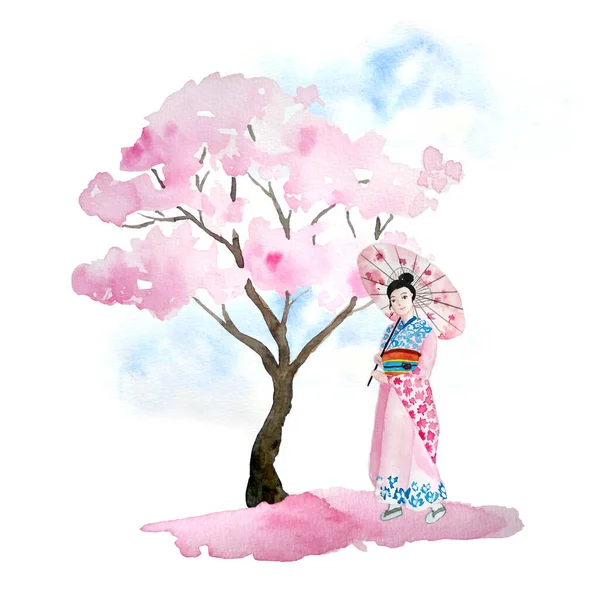 Akvarell kézzel rajzolt design illusztráció rózsaszín cseresznye szakura fa virágos virág, nő gésa kimonó, ég, madarak, leesett szirmok. Hanami fesztivál hagyományos japán japán kultúra — Stock Fotó