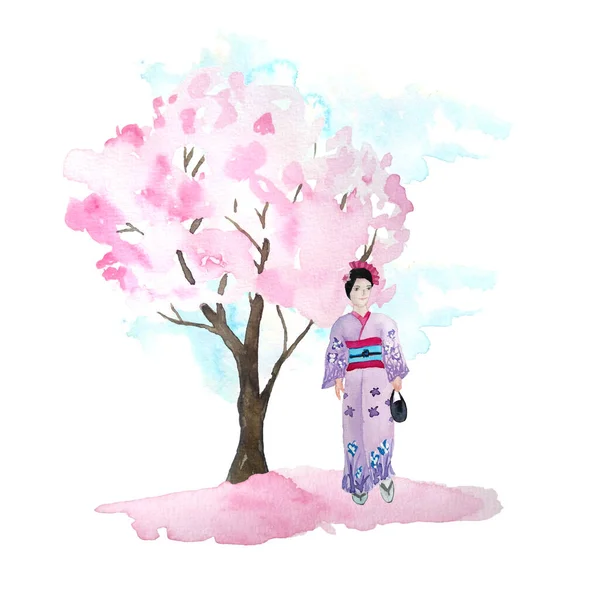 Watercolor hand drawn design illustration of pink cherry sakura tree in bloom blossom flowers, woman geisha in kimono, sky, birds, fallen petals. Hanami festival traditional japan japanese culture — Stock Photo, Image