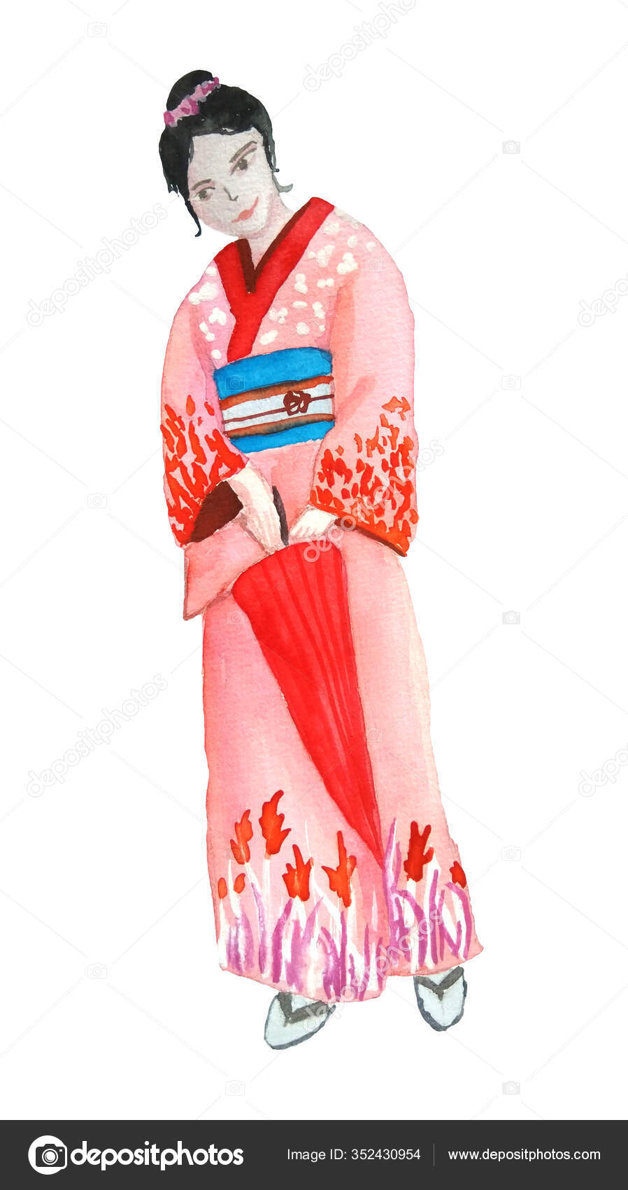 アジサイを背景に着物の若い女性のポートレートのイラスト素材