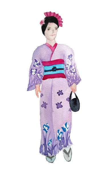 Watercolor hand drawn illustration design of girl woman in kimono traditional japanese asian dress clothes of red pink violet purple colors with sakura floral ornament. Ceremony in japan china, ladies — Stock Photo, Image