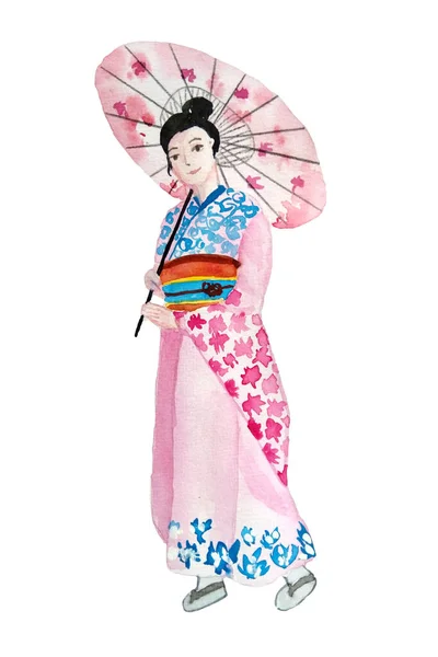 일본 전통 의상인 기모노를 입은 여자의 수채 색 손 그림, 사쿠라 꽃무늬가 있는 붉은 자주색의 빨간 옷을 그린 일본 여자의 모습. 자 판 차이나에 있는 도자기, 아가씨들 — 스톡 사진