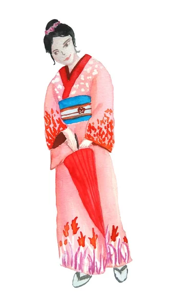 Acuarela dibujada a mano ilustración de diseño de mujer chica en kimono tradicional japonés asiático vestido ropa de rojo rosa violeta púrpura colores con adorno floral sakura. Ceremonia en porcelana japonesa, señoras —  Fotos de Stock