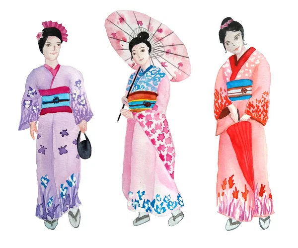 Akvarell handritad illustration design av flicka kvinna i kimono traditionella japanska asiatiska klänning kläder av röd rosa violett lila färger med sakura blommig prydnad. Ceremoni i japanskt porslin, damer — Stockfoto