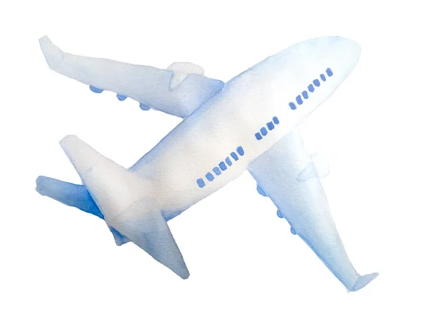 Watercolor hand drawn illustration of passenger airplane aircraft plane in blue colors. For tourism trip journey flight concept. Design for airlines touristic websites vacation business trip. — Stock Photo, Image