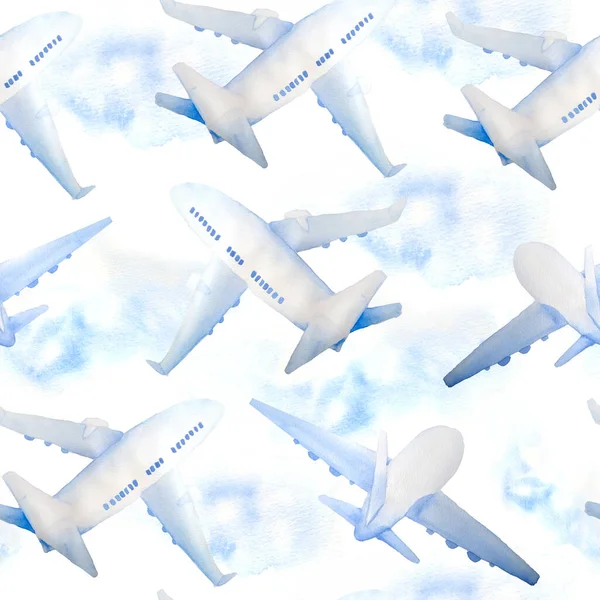 Watercolor hand drawn seamless pattern illustration of passenger airplane aircraft plane in blue clouds. For tourism trip journey flight concept. Design for airlines touristic websites vacation — Stock Photo, Image