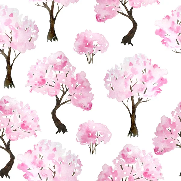 Akvarell kézzel rajzolt zökkenőmentes minta illusztrációja rózsaszín cseresznye sakura fa virágos virág virágok. Hanami fesztivál hagyományos japán japán kultúra. Természeti táj növény. Tavaszi felvonulás április — Stock Fotó