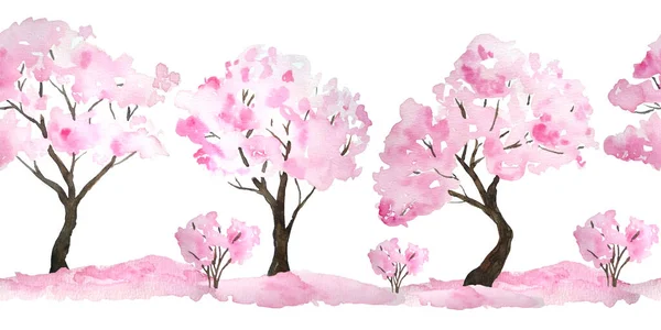Aquarelle dessinée à la main motif horizontal sans couture illustration de cerisier rose arbre sakura en fleurs floraison. Festival Hanami culture japonaise traditionnelle. Nature paysage plante. Printemps — Photo