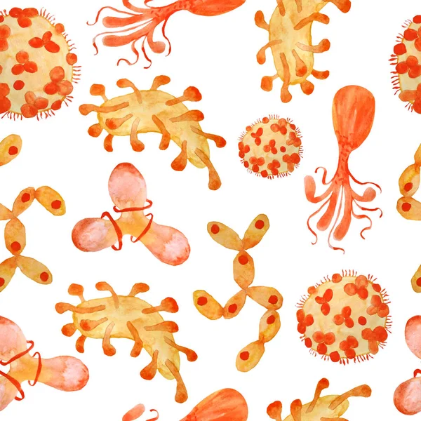 Ручной рисунок акварели бесшовный рисунок желтого оранжевого красного вируса и бактерий изолированный набор. Микроскопические заболевания клеток, вирус, бактерий и микроорганизмов иллюстрации. Концепция микробиологии. Плоская квартира — стоковое фото