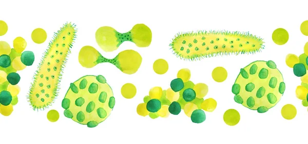 Handgetekende aquarel naadloze horizontale rand geel groene virussen en bacteriën geïsoleerde set. Microscopische celziekte, virus, bacterie en micro-organisme illustratie. Microbiologie concept. Vlak — Stockfoto