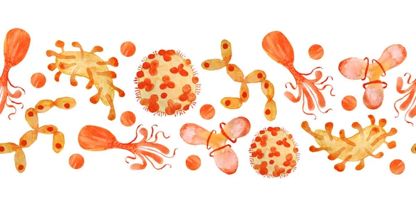 Acquerello disegnato a mano senza soluzione di continuità orizzontale bordo giallo arancio rosso virus e batteri isolati insieme. Illustrazione microscopica di malattie cellulari, virus, batteri e microrganismi. Il concetto di microbiologia — Foto Stock