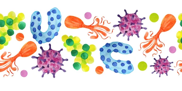 Handgetekende aquarel naadloze horizontale rand veelkleurig geel oranje groen paars virussen en bacteriën geïsoleerde set. Microscopische celziekte, virus, bacterie en micro-organisme — Stockfoto