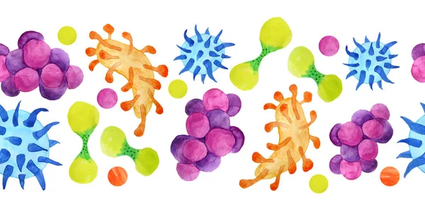El çizimi suluboya kusursuz yatay sınır çok renkli sarı turuncu mavi mor virüsler ve izole edilmiş bakteriler. Mikroskobik hücre hastalığı, virüs, bakteri ve mikroorganizma — Stok fotoğraf