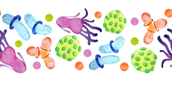 Hand drawn watercolor seamless horizontal border multicolored yellow orange green blue purple viruses and bacteria isolated set. Microscopic cell illness, virus, bacterium and microorganism — Stock fotografie