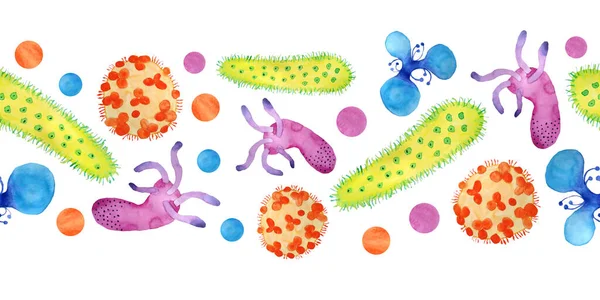 Χειροποίητο υδατογράφημα απρόσκοπτη οριζόντια περίγραμμα πολύχρωμο κίτρινο πορτοκαλί πράσινο μπλε μοβ ιοί και βακτήρια απομονωμένο σύνολο. Μικροσκοπική ασθένεια, ιός, βακτήριο και μικροοργανισμός — Φωτογραφία Αρχείου
