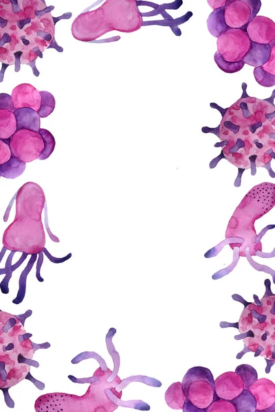 Рука намальована акварельними рожево-фіолетовими вірусами та рамкою сторінки бактерій. Ілюстрація мікроскопічних клітин, вірусів, бактерій та мікроорганізмів. Концепція мікробіології. Плоскі елементи для медичних — стокове фото