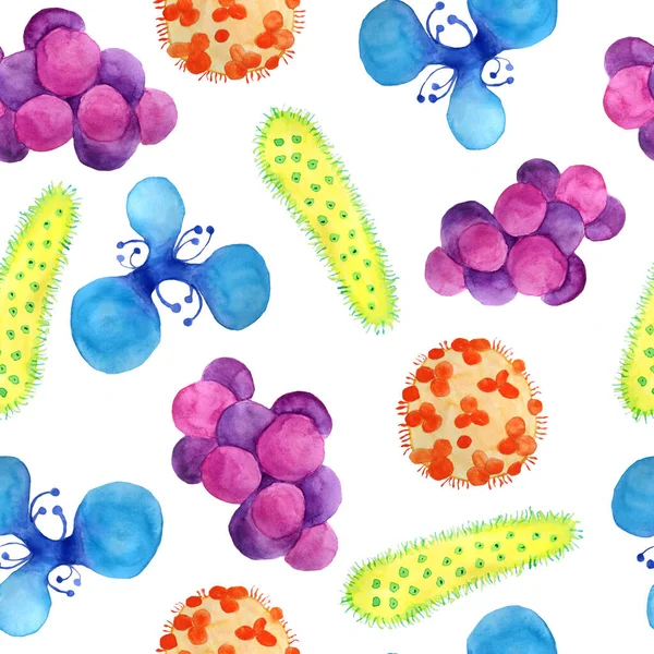 Disegnato a mano acquerello modello multicolore giallo arancio verde blu viola virus e batteri isolati insieme. Illustrazione microscopica di malattia cellulare, virus, batterio e microrganismo — Foto Stock