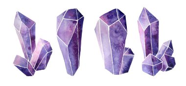 Suluboya el çizimi eflatun mor lavanta renkli değerli kistlerin yarı değerli yarı değerli minerallerin yüzleri. Doğaüstü semboller için mistik büyücülük kavramı. Boho biçim dekorasyonu